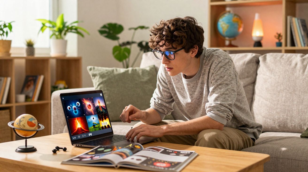 Jovem sentado no sofá usando laptop e livro aberto, estudando imagens relacionadas ao espaço na sala.