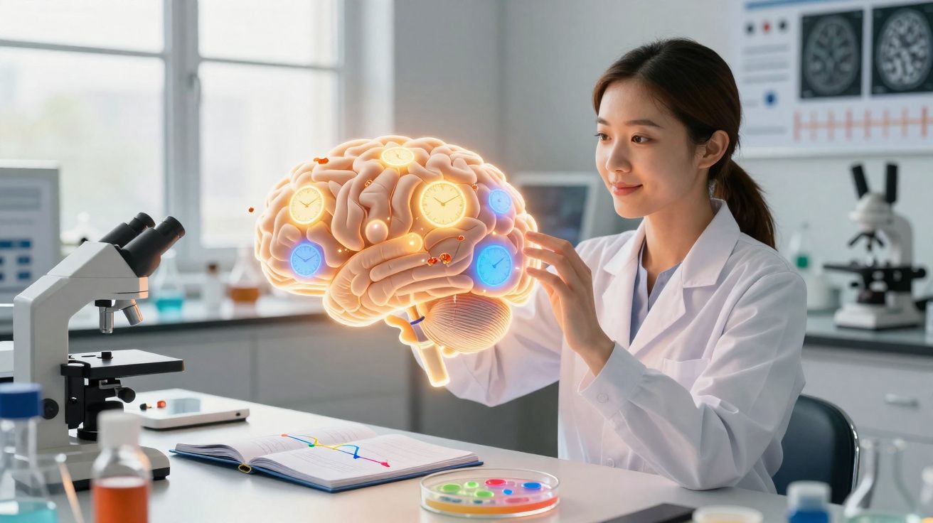 Cientista em laboratório interagindo com modelo digital luminoso do cérebro humano com relógios.