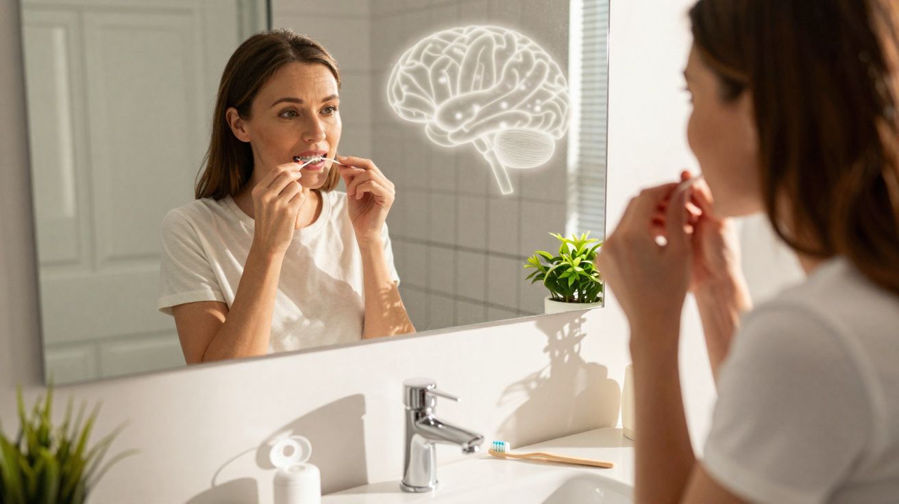 Mulher usando fio dental refletida em espelho de banheiro com ilustração de cérebro ao fundo.