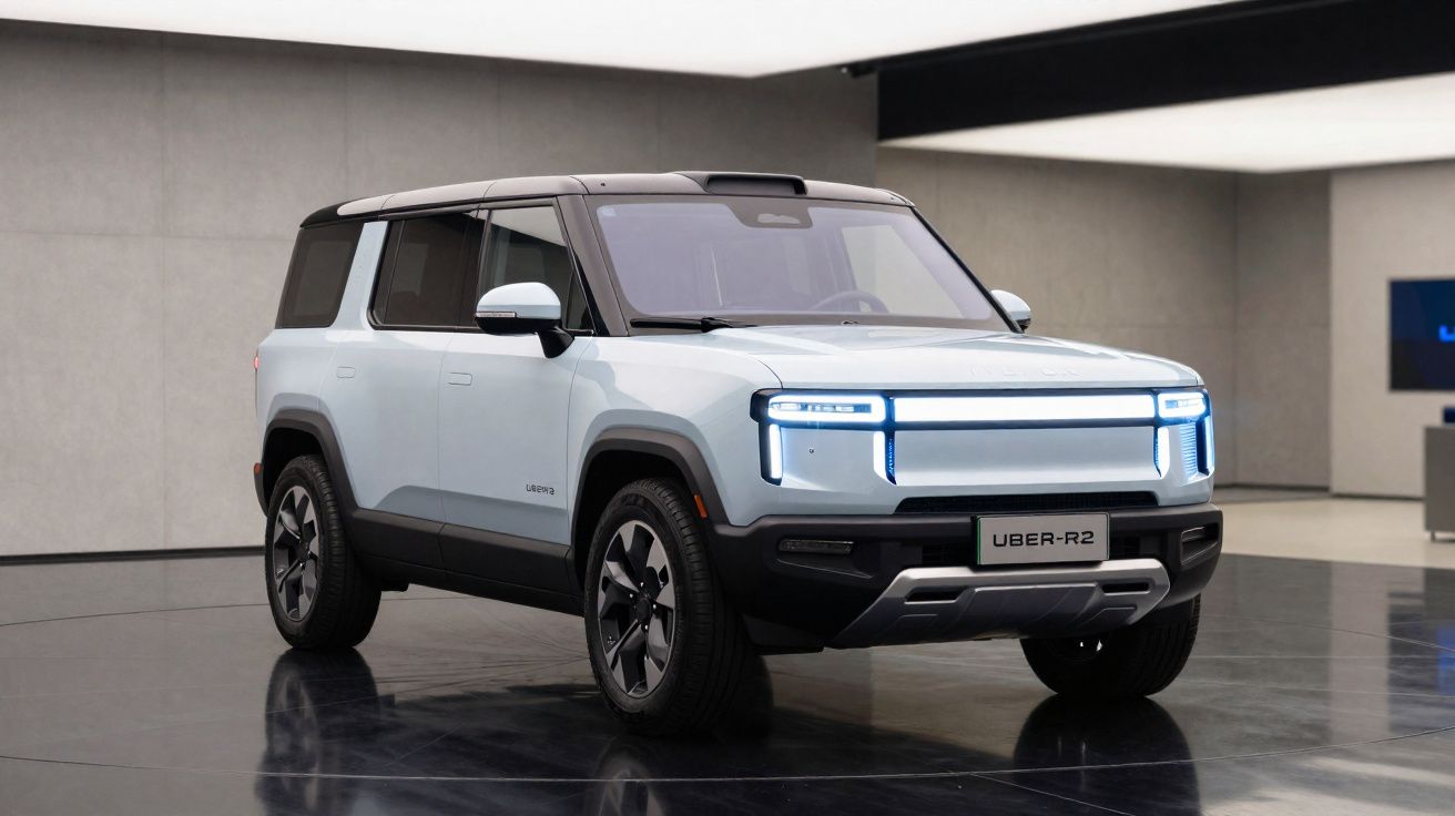 SUV elétrico branco com design moderno e faróis de LED em ambiente interno minimalista.