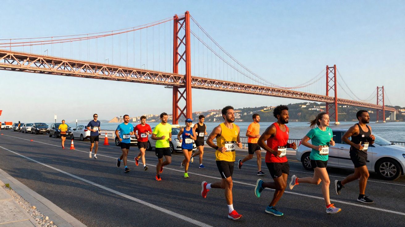 Grupo de corredores participando de prova próxima à ponte 25 de Abril em Lisboa, sob céu claro.