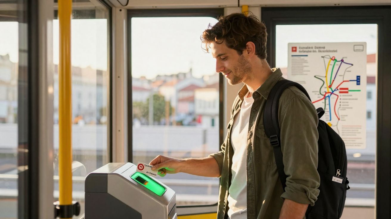 Homem usa cartão para passar por catraca em transporte público com mochila preta nas costas.