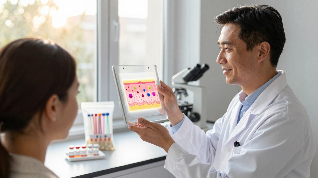 Médico explicando estrutura da pele para paciente com imagem em tablet em consultório iluminado.