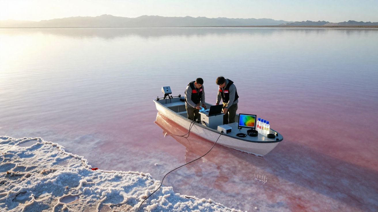 Dois homens em barco analisam amostras de água rosada em lago salgado com borda de sal branco.