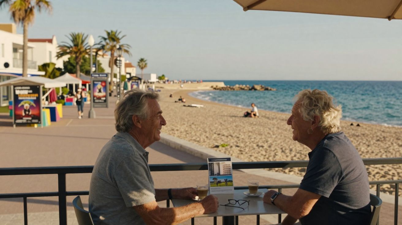Dois homens idosos conversam em mesa de café à beira-mar em dia ensolarado com praia e calçadão ao fundo.