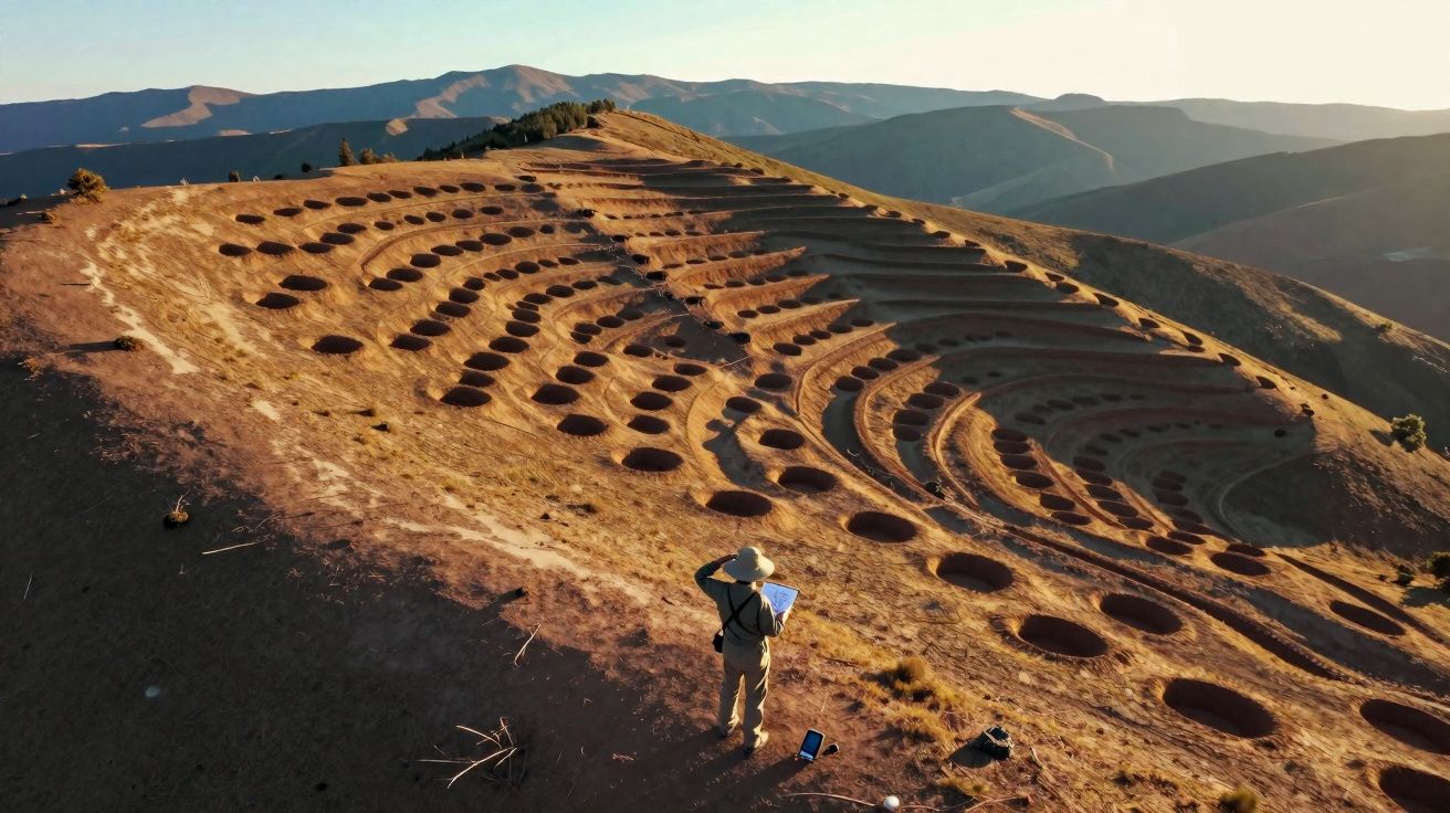 Pessoa observa formação circular de terra em colina árida com montanhas ao fundo ao entardecer.
