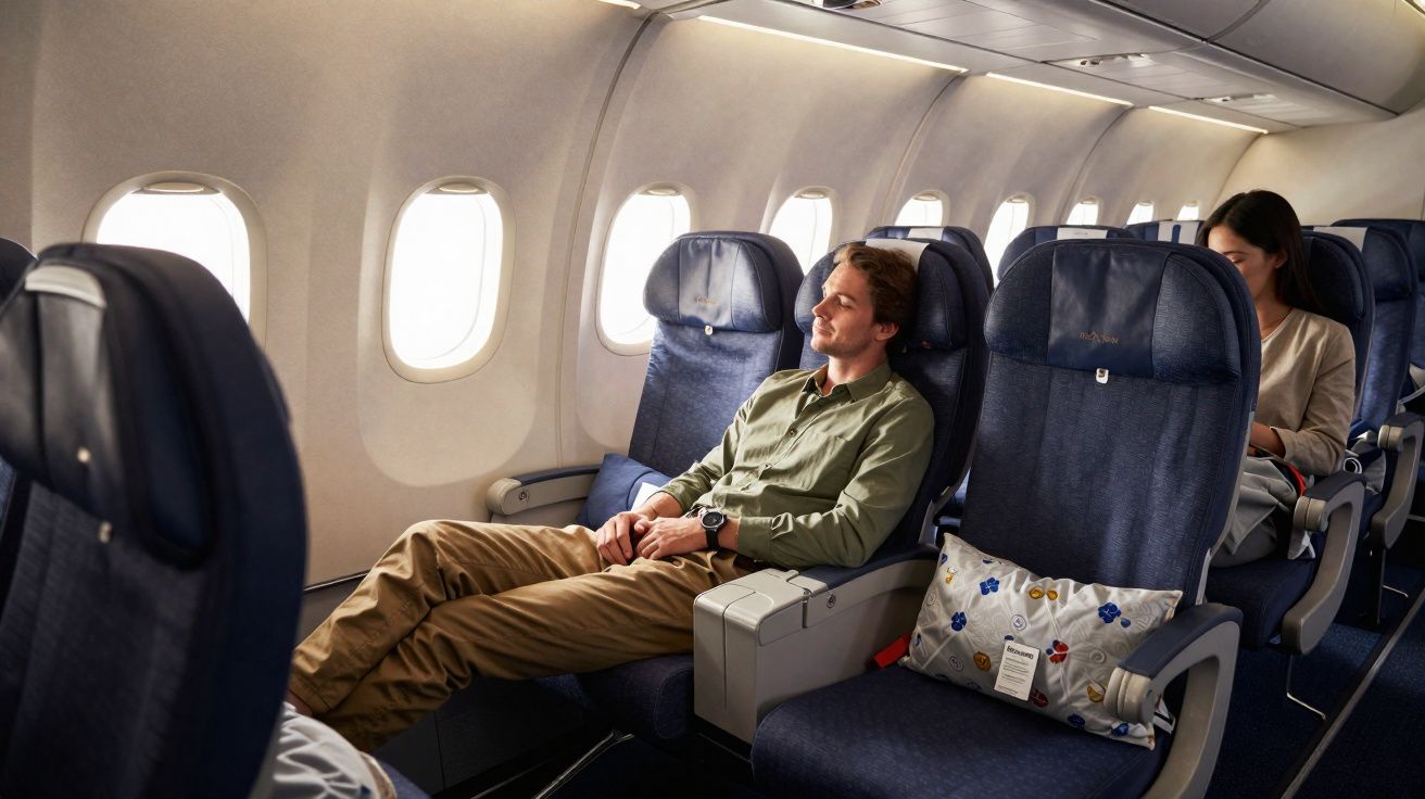 Homem relaxando em poltrona espaçosa na classe executiva de avião, com mulher usando celular ao fundo.