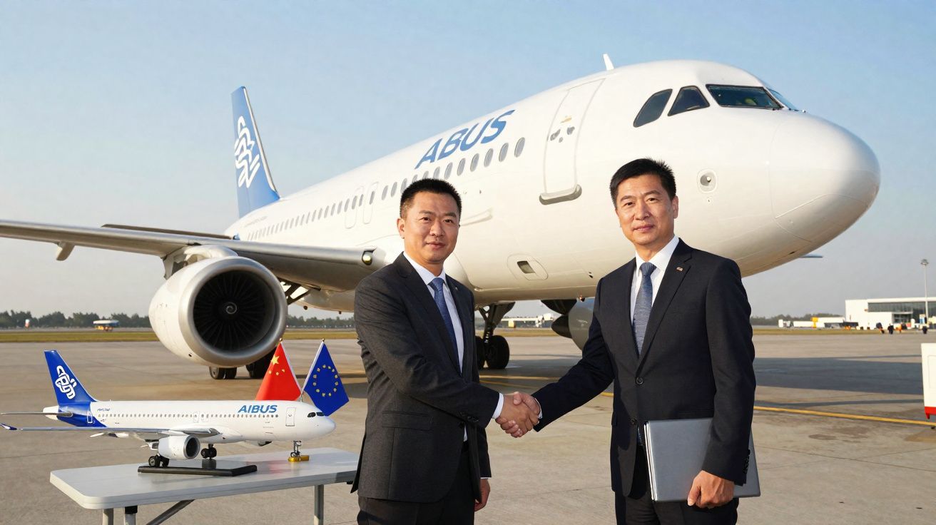 Dois homens de terno apertando as mãos em frente a avião Airbus e maquete no aeroporto.