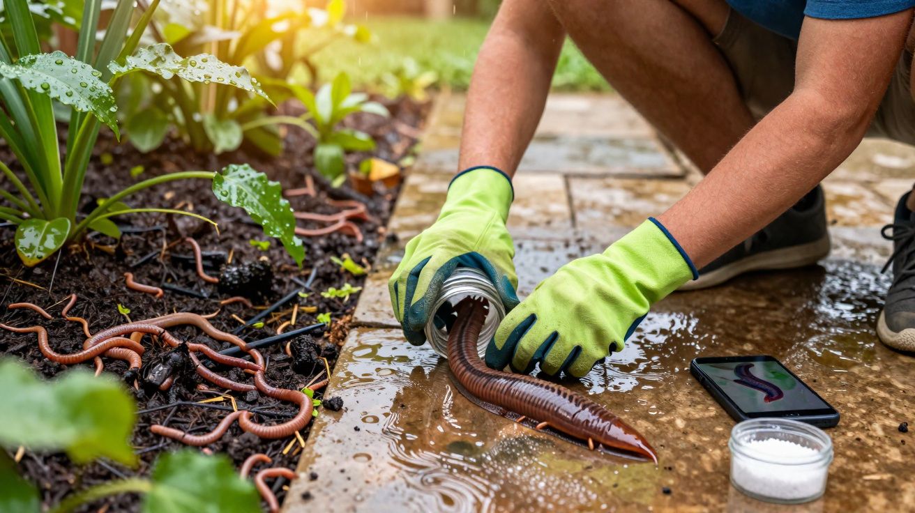 Pessoa usando luvas verdes segurando uma minhoca gigante próxima a várias minhocas em solo úmido de jardim.
