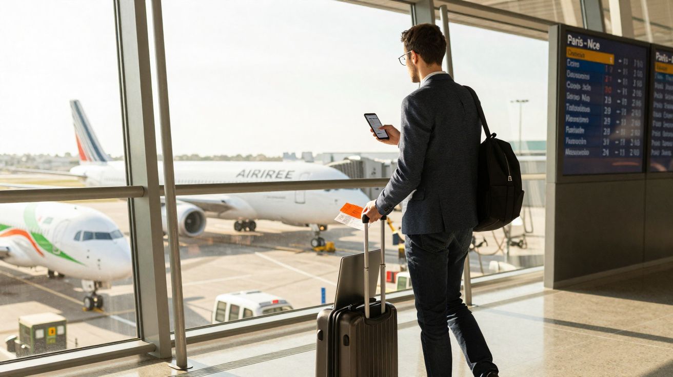 Homem de terno com mala e celular observa aviões no portão de embarque do aeroporto.