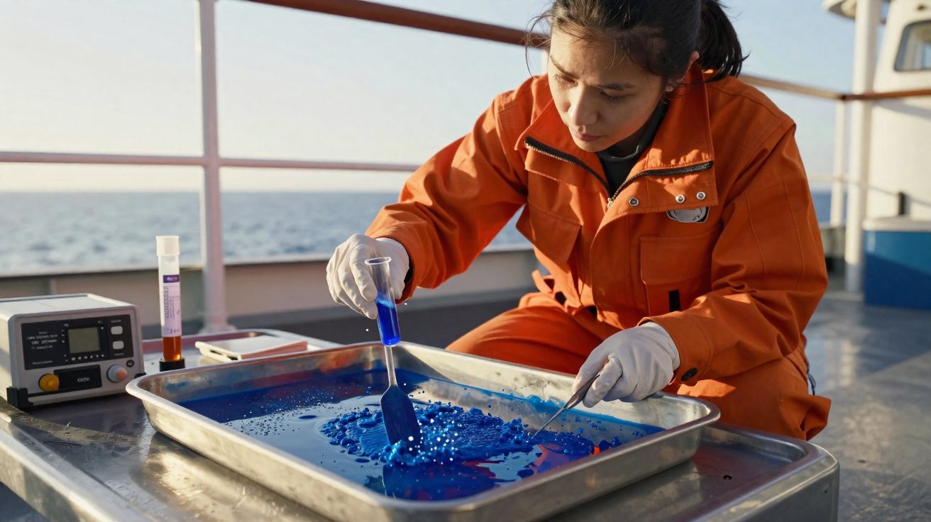 Mulher com macacão laranja manipulando líquido azul em bandeja metálica no convés de um barco.