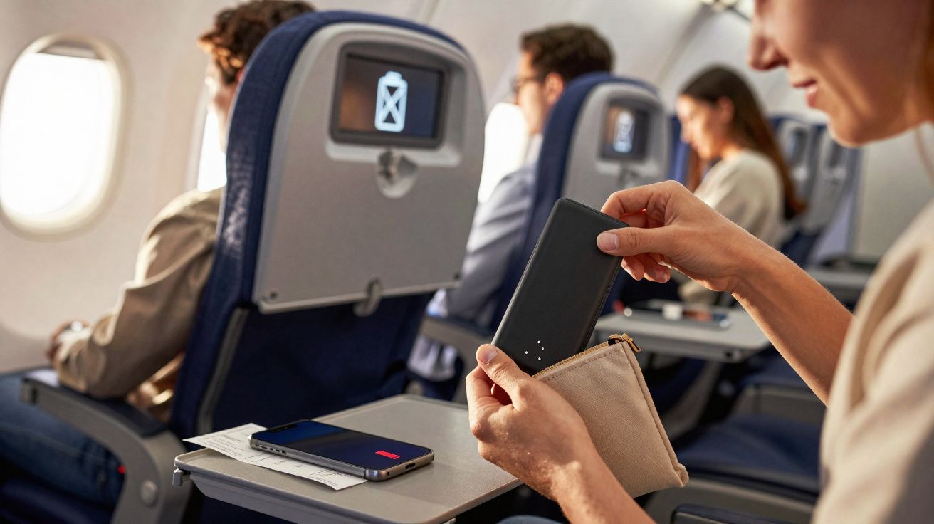 Pessoa guardando power bank na bolsa dentro de avião, com celular carregando na mesa dobrável.