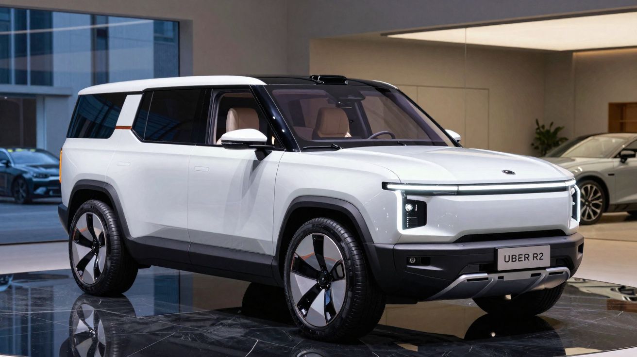SUV elétrico branco com design moderno e placa dianteira escrita UBER R2 exposto em ambiente interno.