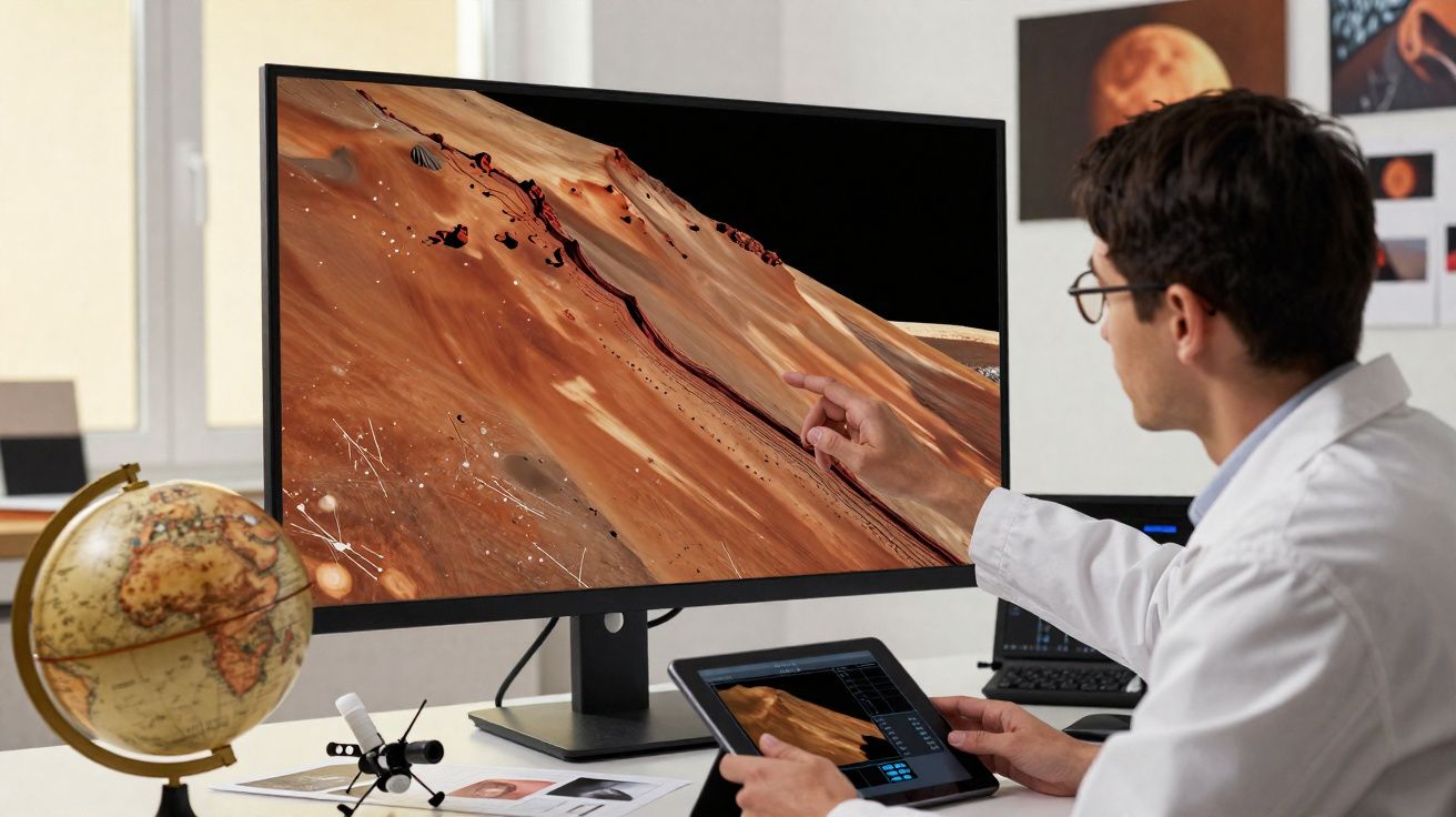 Cientista com jaleco usando tablet e apontando para tela com relevo de terreno marciano em escritório.