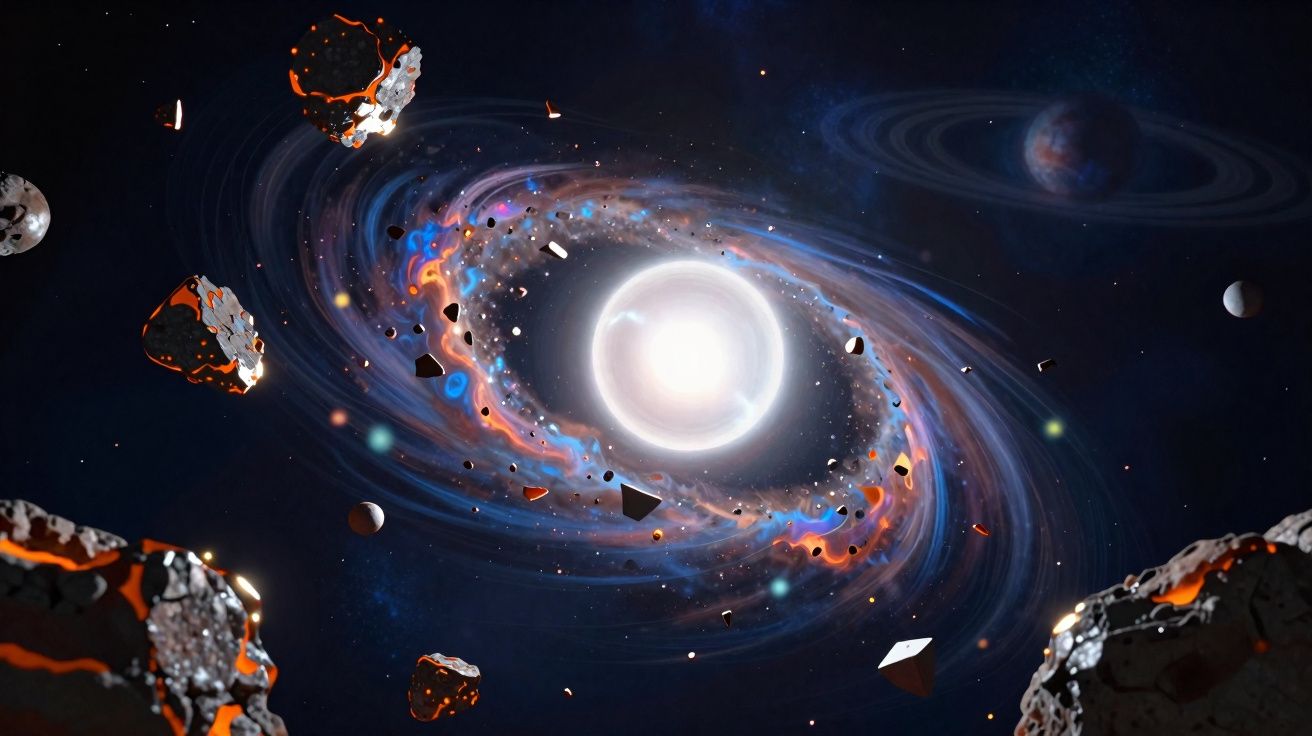 Galáxia espiral luminosa com asteroides e planetas em fundo espacial escuro.
