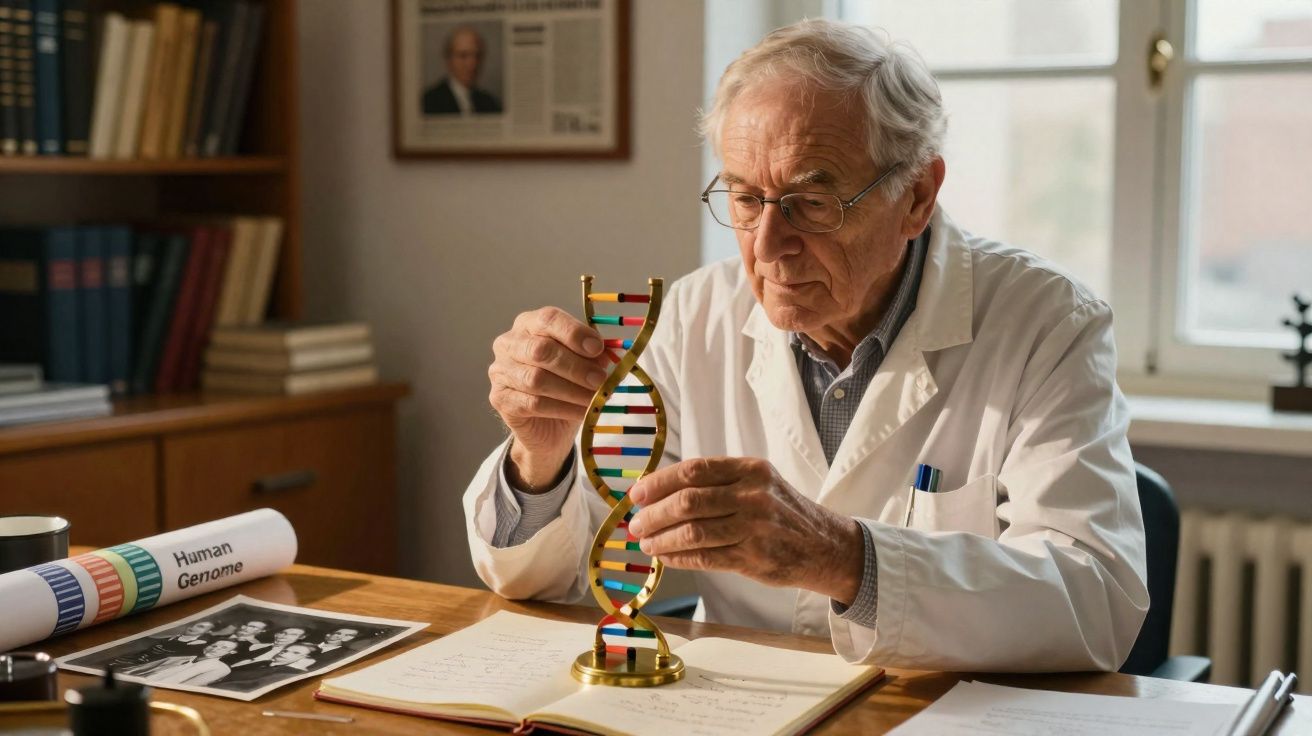 Homem idoso em jaleco branco segurando modelo de dupla hélice de DNA em escritório com livros e papéis.