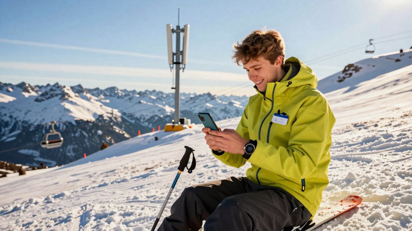 Homem sorridente usando jaqueta amarela sentado na neve em estação de esqui, olhando para celular.