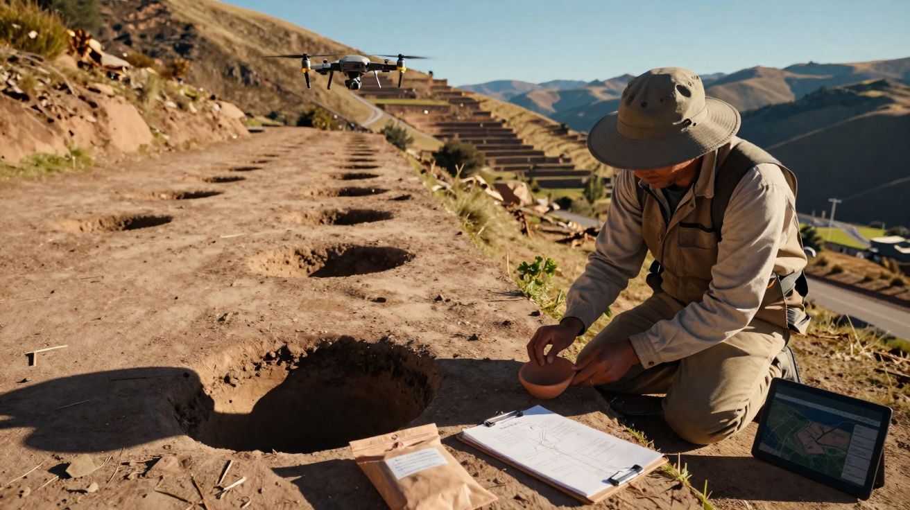 Arqueólogo trabalhando em escavação ao ar livre com drone e tablet em área montanhosa ensolarada.