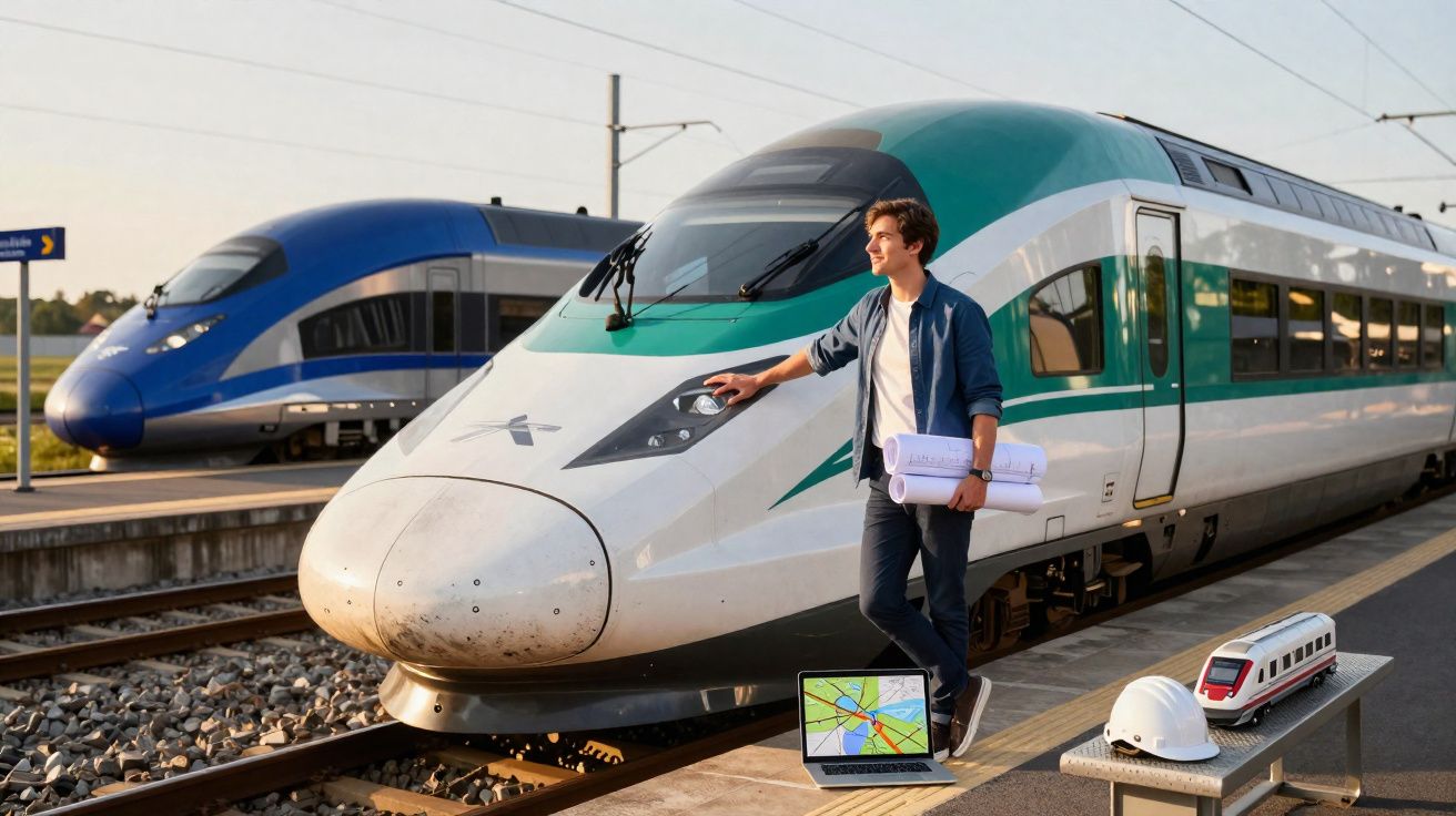 Jovem engenheiro com projetos na mão encostado em trem-bala em estação, com laptop, capacete e miniatura de trem na mesa.