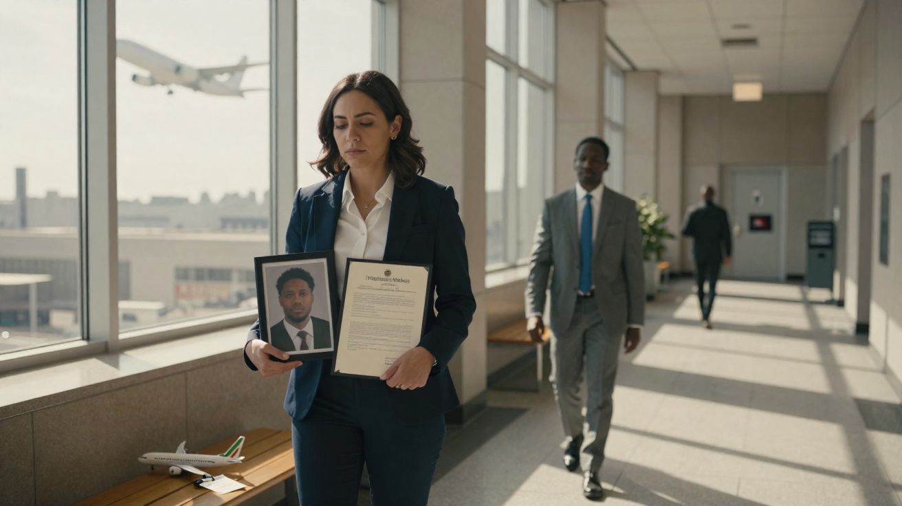 Mulher segura foto e documento de homem, aparentando tristeza, em corredor iluminado por janelas grandes.