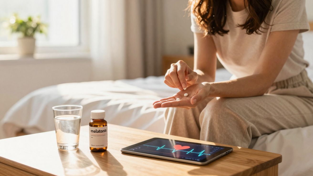 Mulher sentada na cama segurando um comprimido, com frasco de melatonina, copo d’água e tablet na mesa.