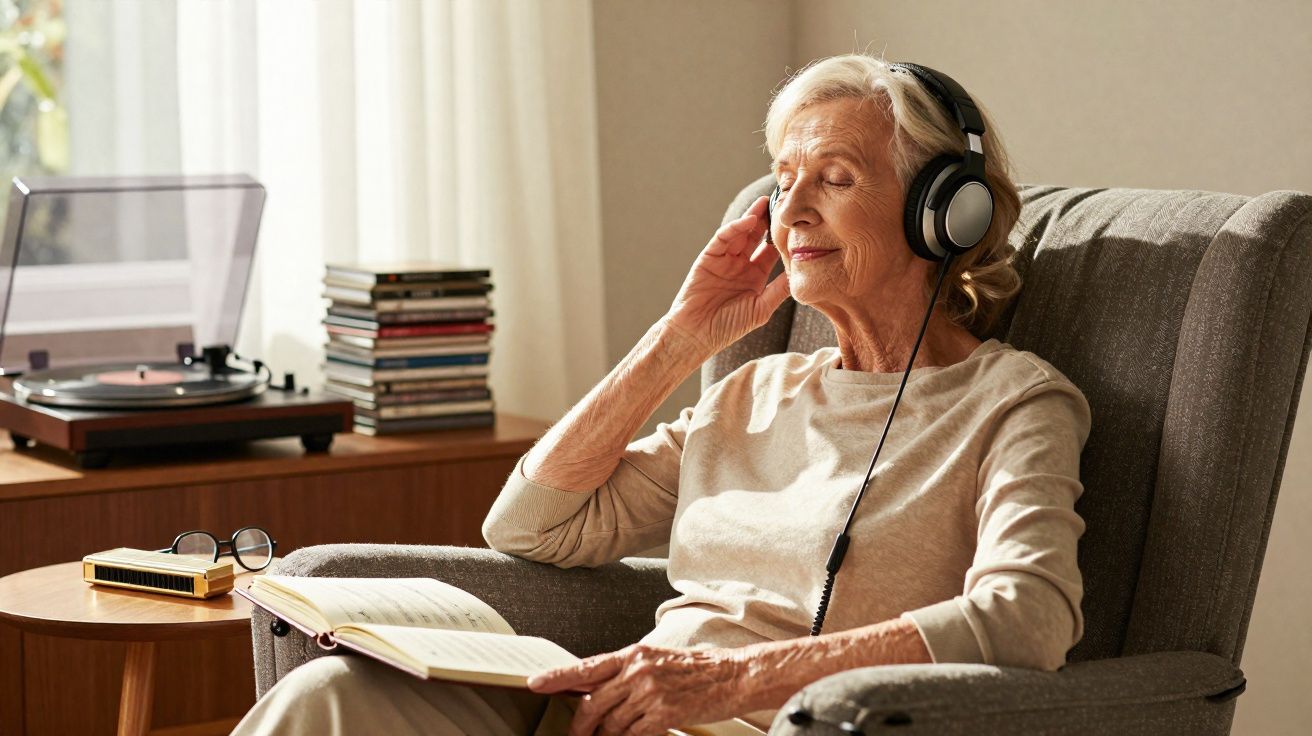 Mulher idosa sentada em poltrona ouvindo música com fone de ouvido e lendo livro.
