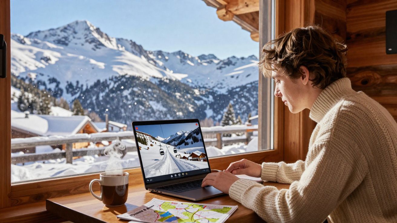 Pessoa em suéter bege usando laptop perto da janela com vista para montanhas nevadas e caneca de café.