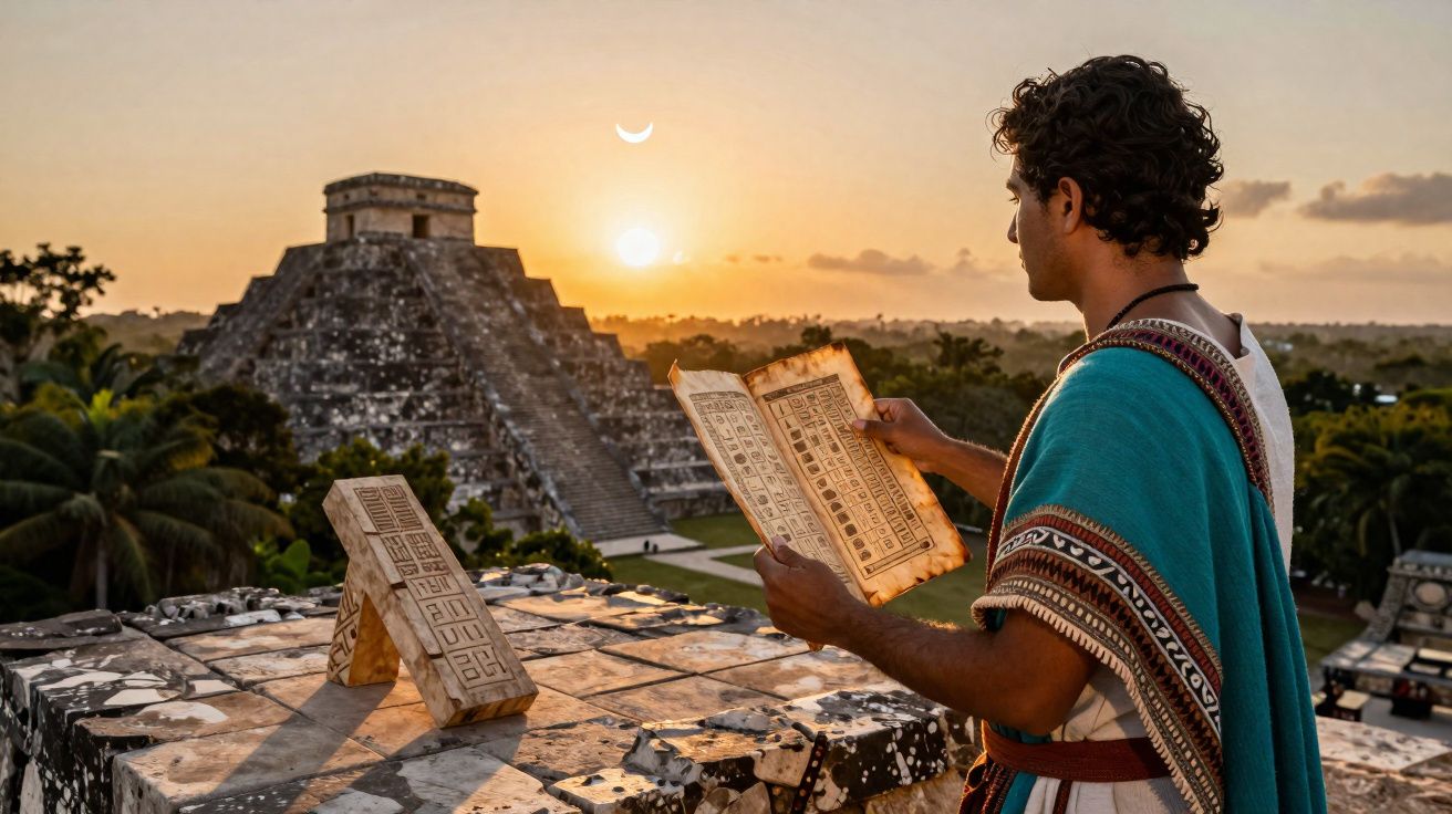 Homem com vestimenta tradicional observa pergaminho antigo em pirâmide maia ao pôr do sol.