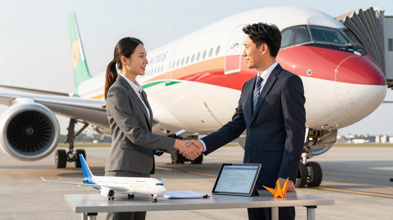 Dois executivos apertando as mãos em pista de aeroporto com avião e maquete de avião na mesa.
