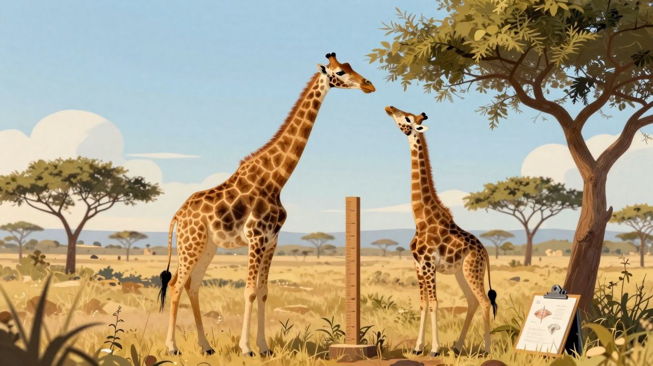 Duas girafas próximas a uma régua e uma árvore em savana ao amanhecer com caderno e folhas no chão.