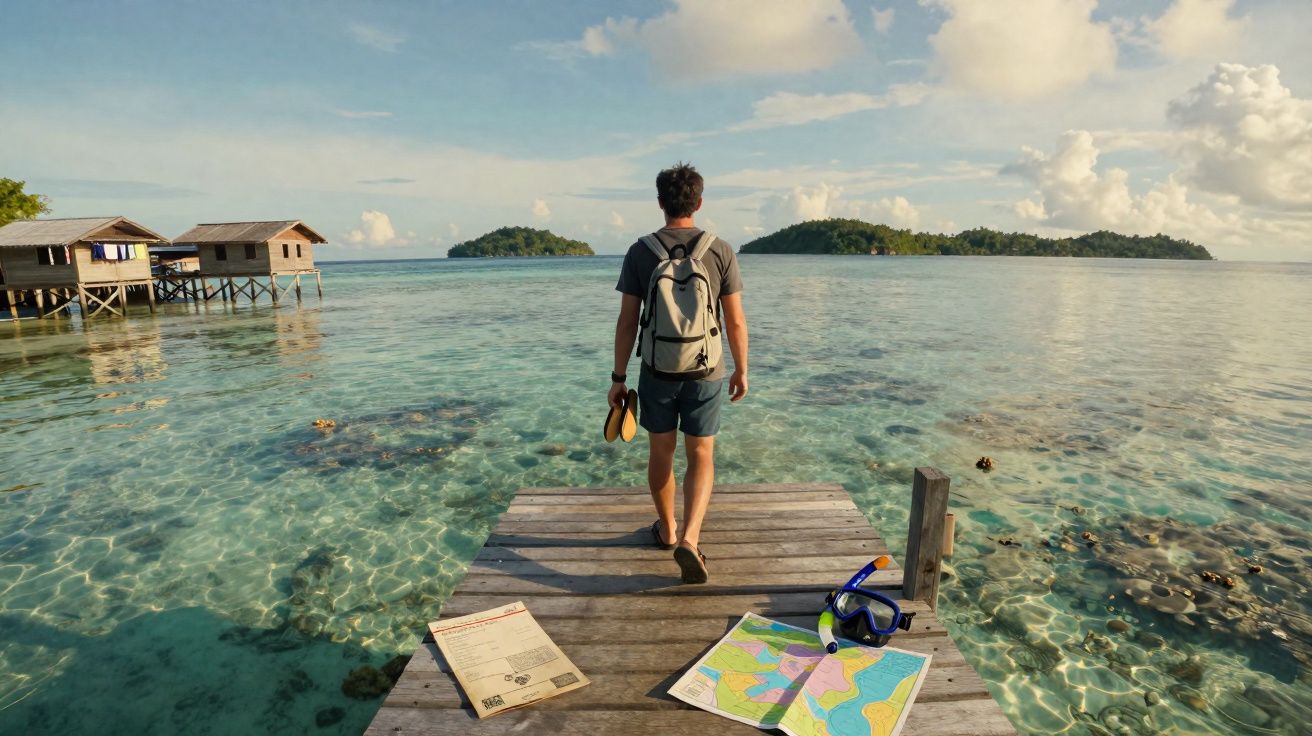 Homem com mochila em pier de madeira olhando para mar cristalino com ilhas ao fundo e mapas no chão.