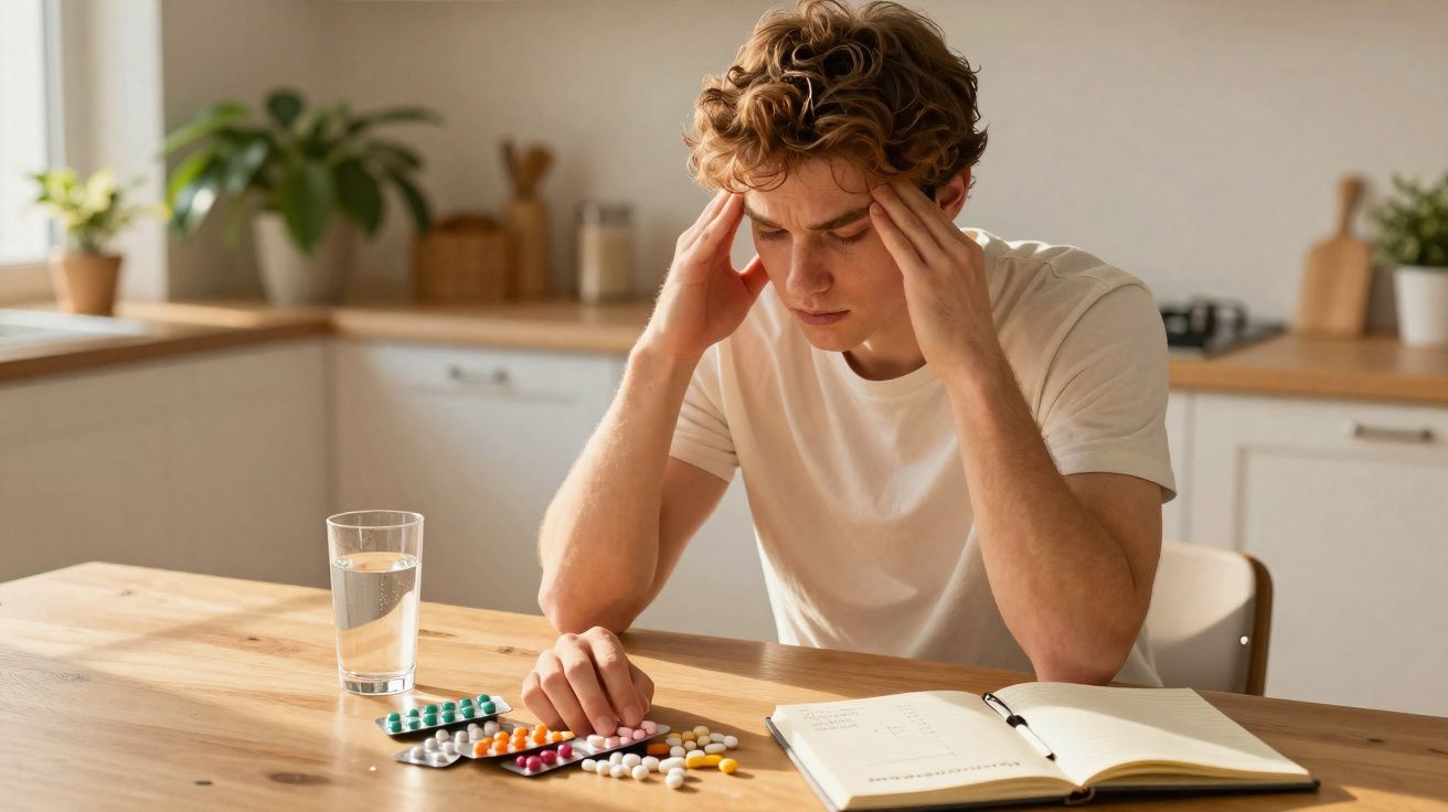 Jovem com expressão de dor de cabeça sentado à mesa com vários medicamentos, copo de água e caderno aberto.