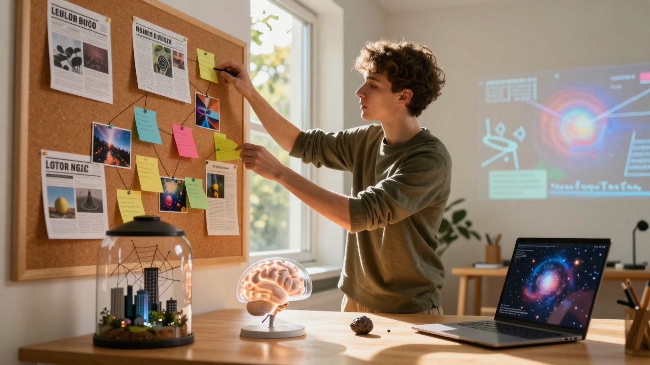 Pessoa jovem organizando notas em quadro de avisos enquanto pesquisa temas científicos com laptop e modelos na mesa.