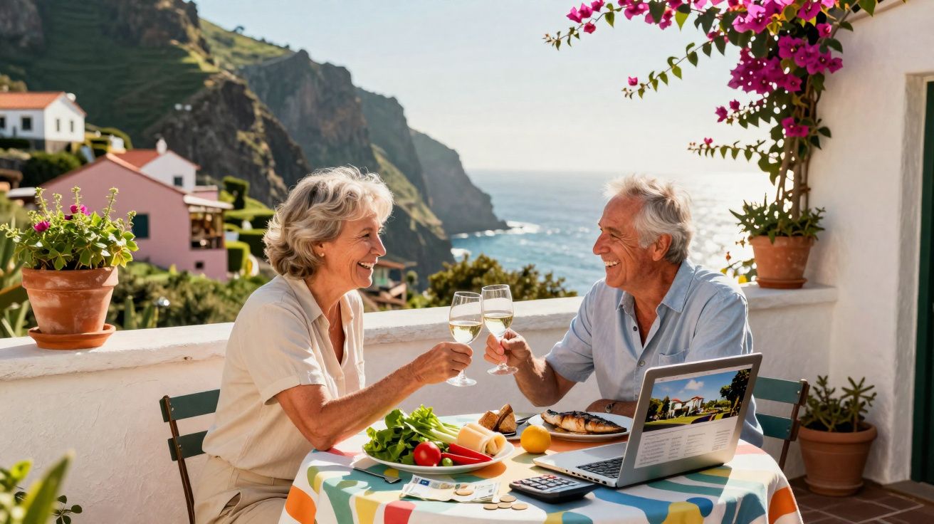Casal sênior brinda com taças de vinho em varanda com vista para o mar e montanhas ao fundo.