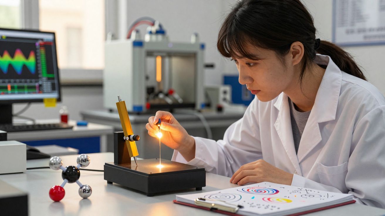 Mulher cientista em laboratório usando instrumento para medir propriedades de luz, com modelo molecular e anotações ao lado.