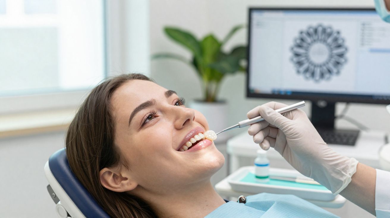 Paciente sorridente recebendo exame dental com moldeira colorida na clínica odontológica moderna.