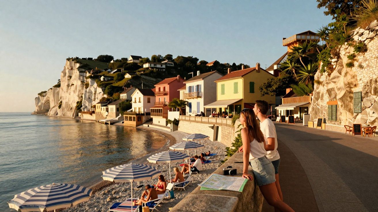 Casal observa praia com guarda-sóis listrados e casas coloridas ao fundo em península rochosa ao pôr do sol.