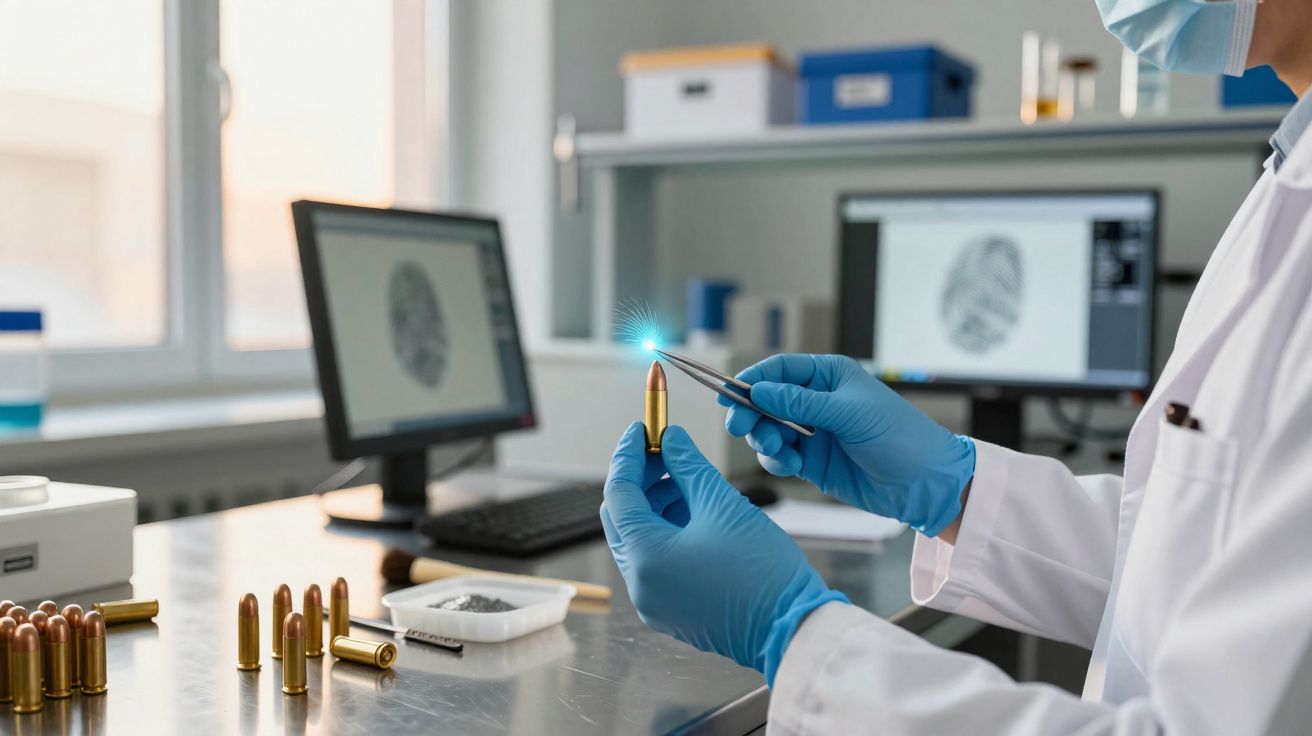 Perito forense em laboratório analisando projétil de bala com luvas e máscara, telas com digitais ao fundo.