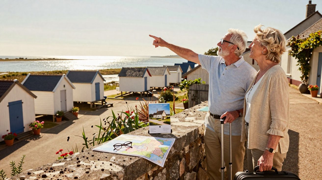 Casal idoso observando o mar em área com pequenas casas de praia ao fundo em dia ensolarado.