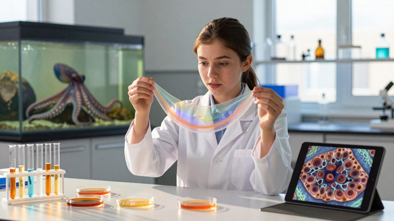 Jovem cientista em laboratório analisando material translúcido enquanto realiza pesquisas com diversas amostras.