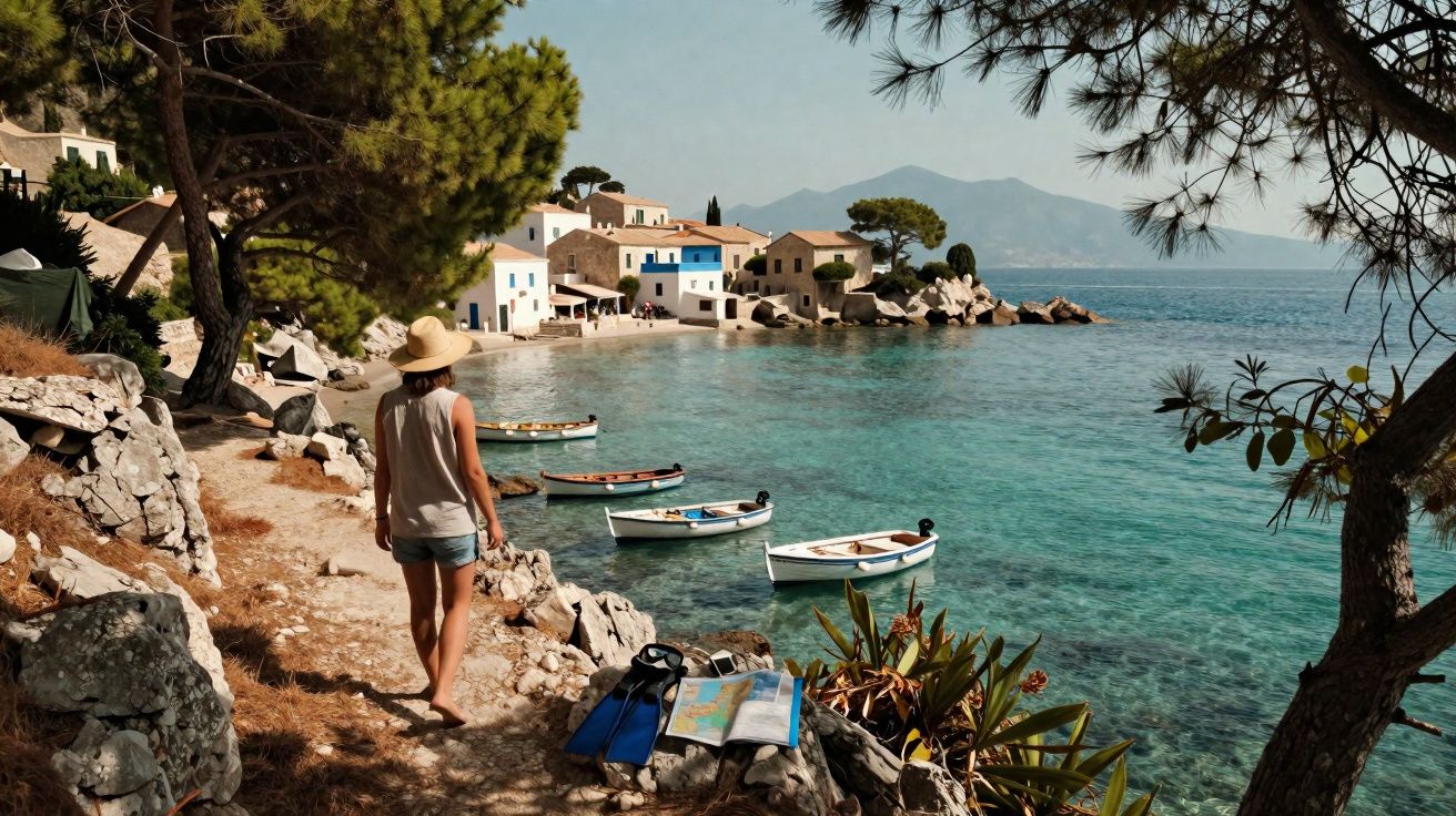 Mulher de chapéu caminha à beira-mar com barcos ancorados e casas à distância em vila costeira ensolarada.