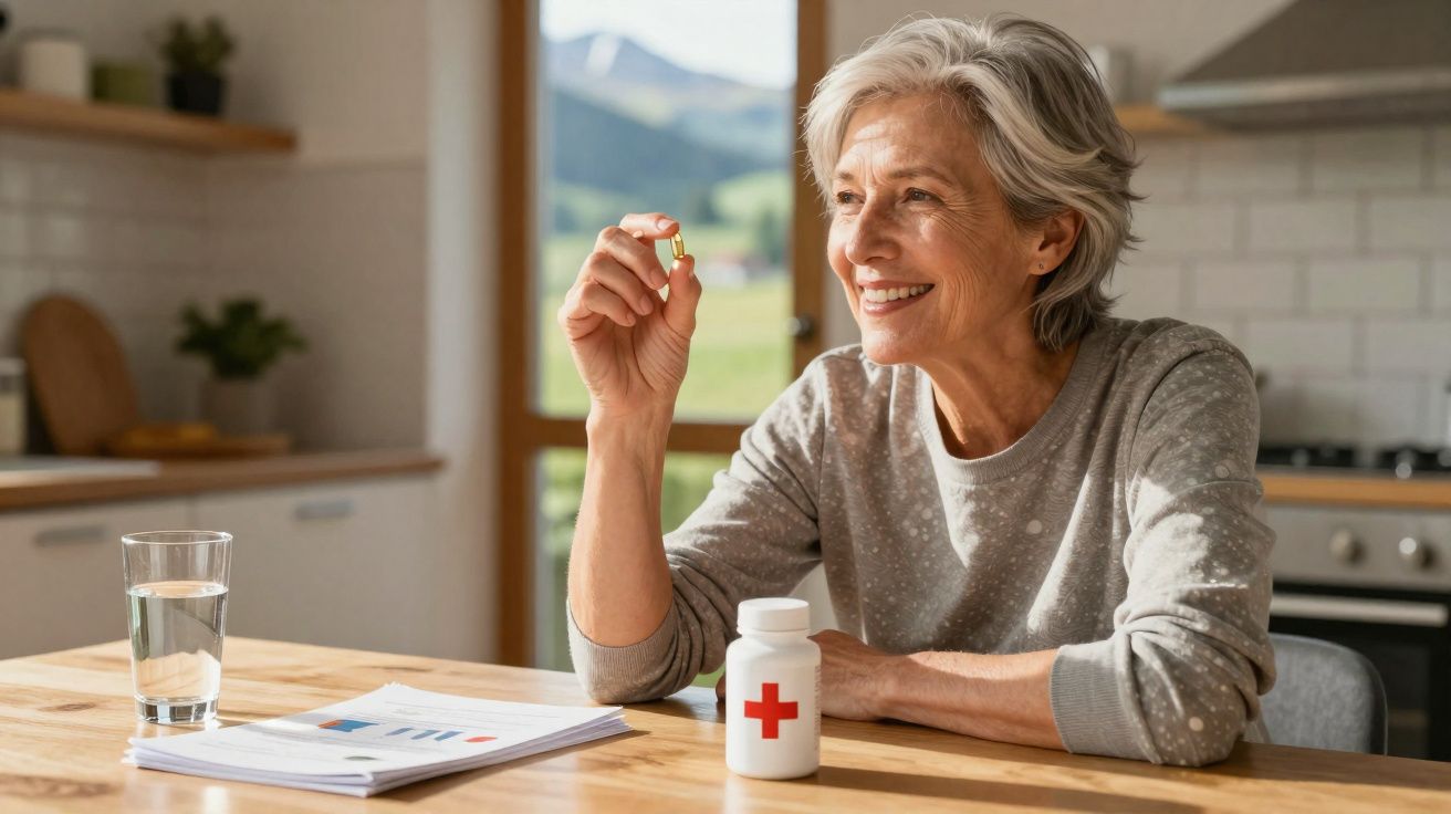 Mulher idosa sorridente segurando cápsula com frasco de remédio e copo de água na cozinha.