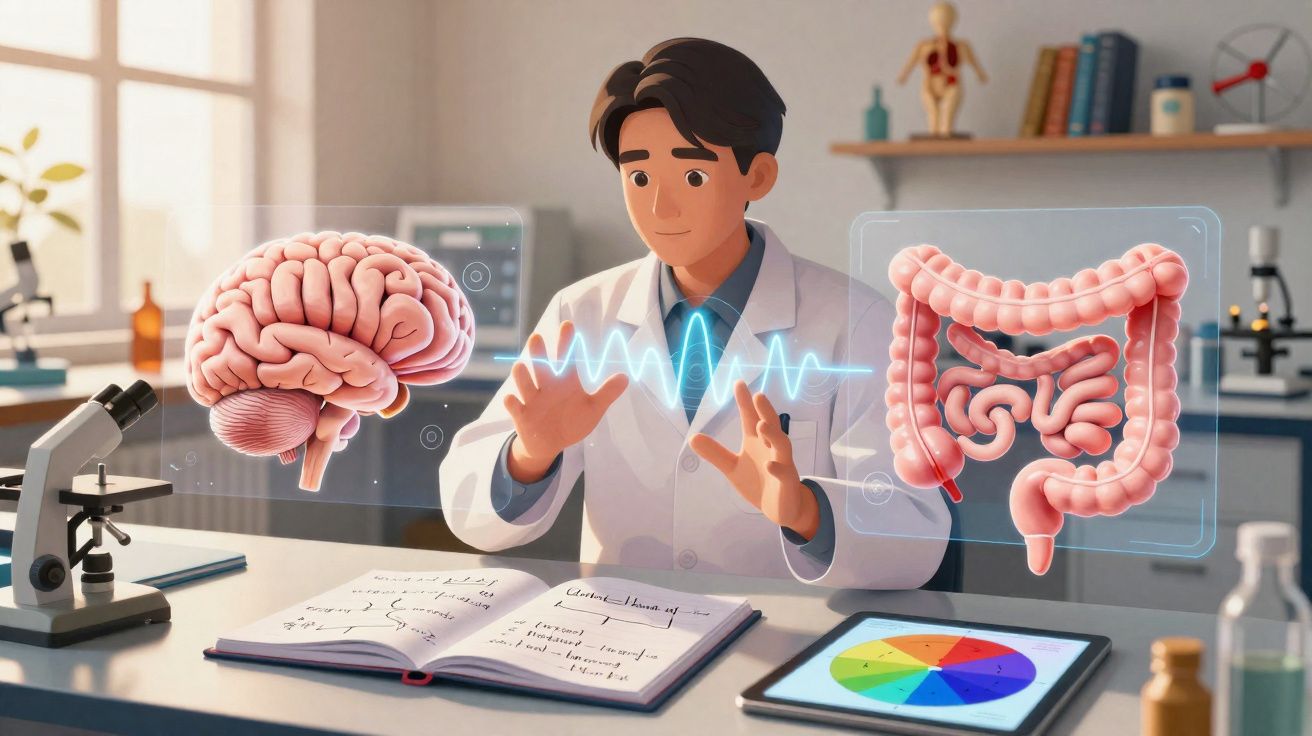 Cientista em laboratório analisando imagens holográficas do cérebro e intestinos com tecnologia avançada.