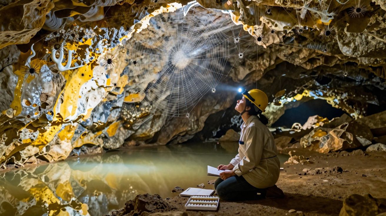 Pesquisadora com capacete e lanterna observa teia gigante de aranha dentro de uma caverna úmida.