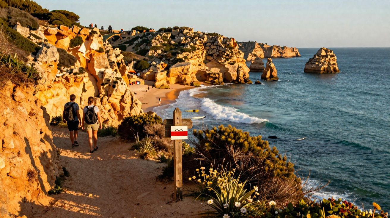 Trilha costeira com turistas, flores e placas, falésias douradas e mar azul ao entardecer.