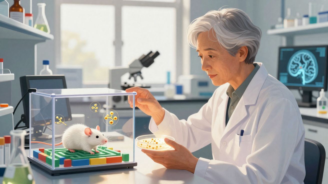 Cientista examinando rato branco em laboratório com equipamentos e tela mostrando cérebro ao fundo.