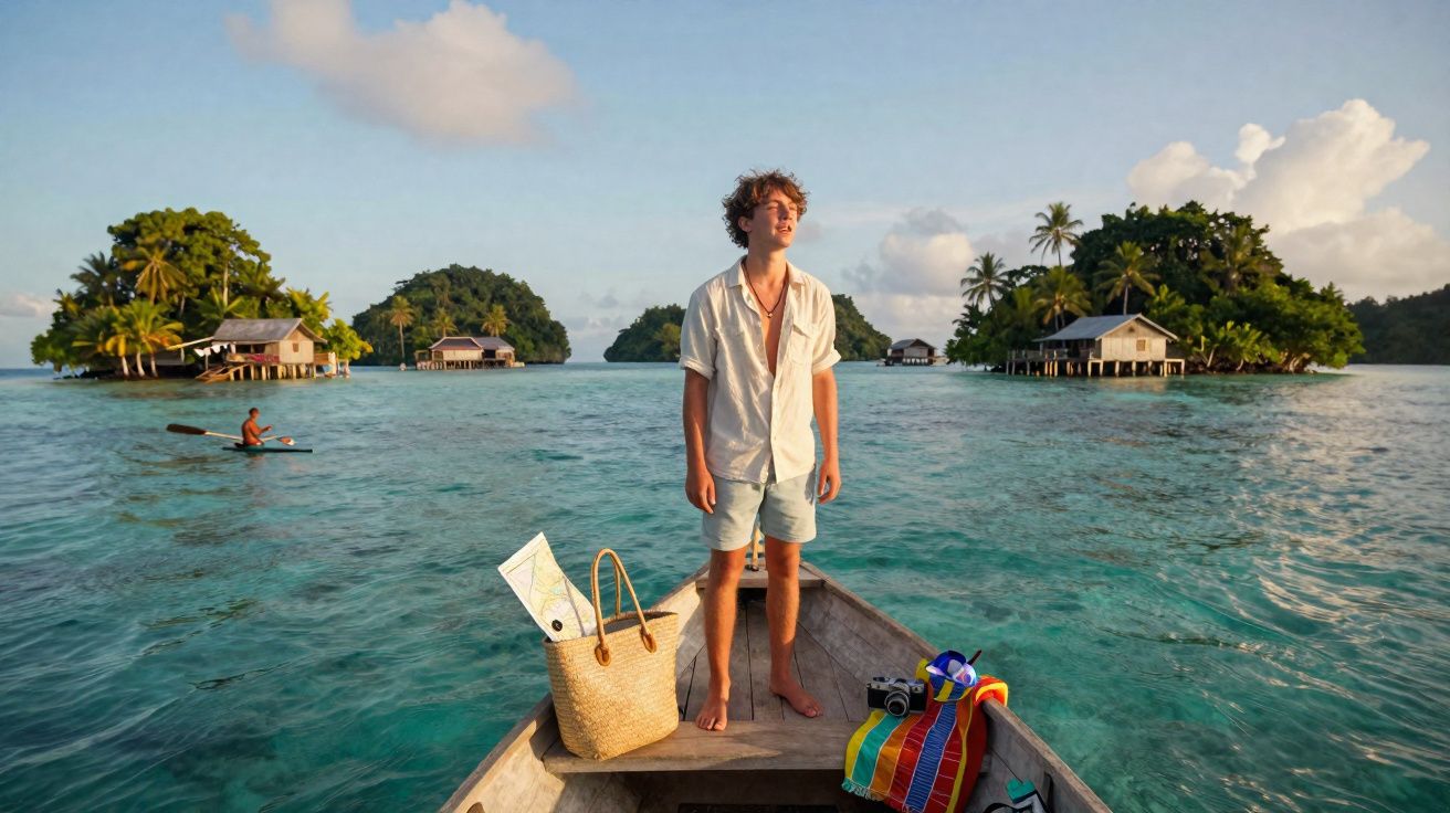 Jovem em pé na proa de barco em mar azul com ilhas verdes ao fundo sob céu claro e nuvens.
