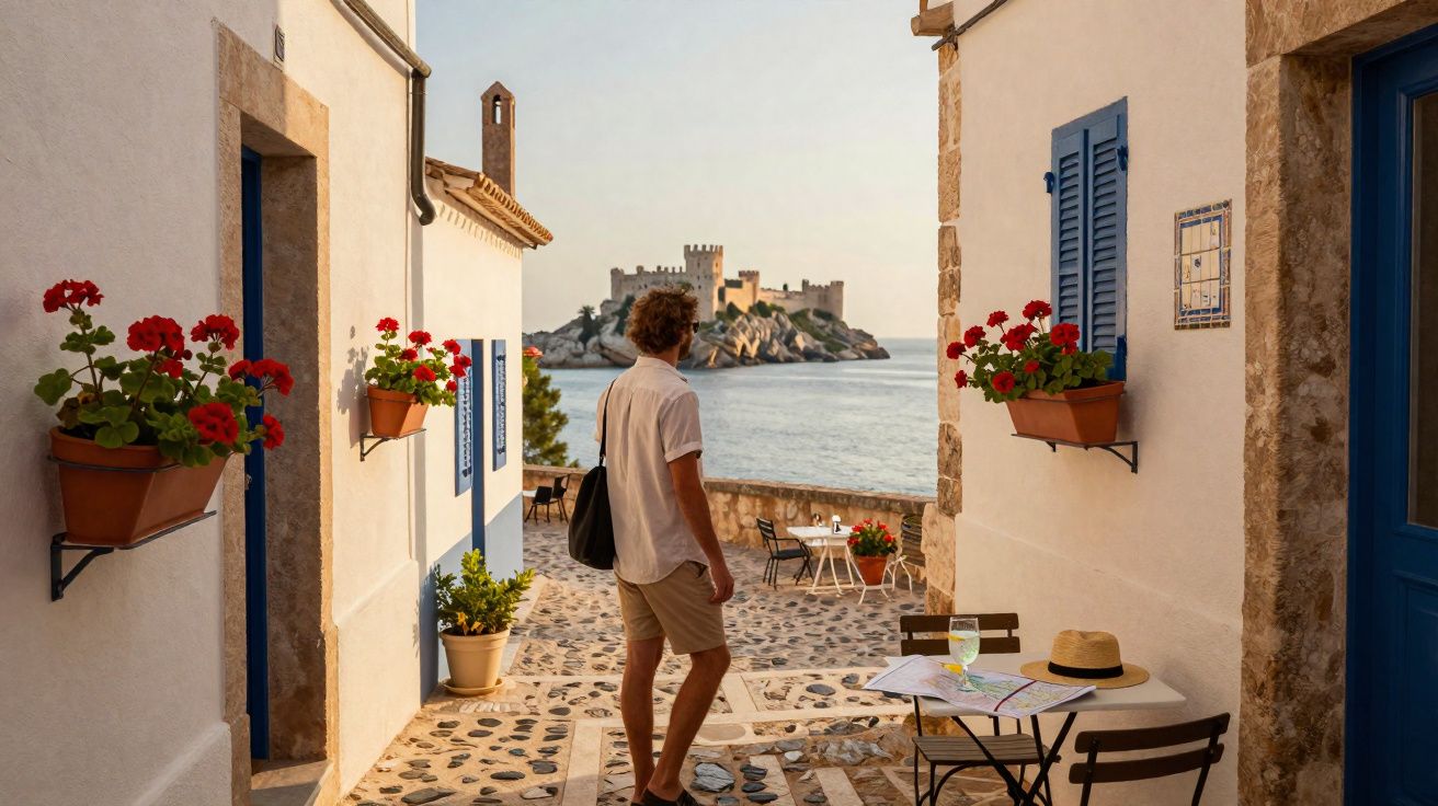 Homem observa castelo em ilha ao fim de rua estreita com flores em vasos nas paredes brancas.