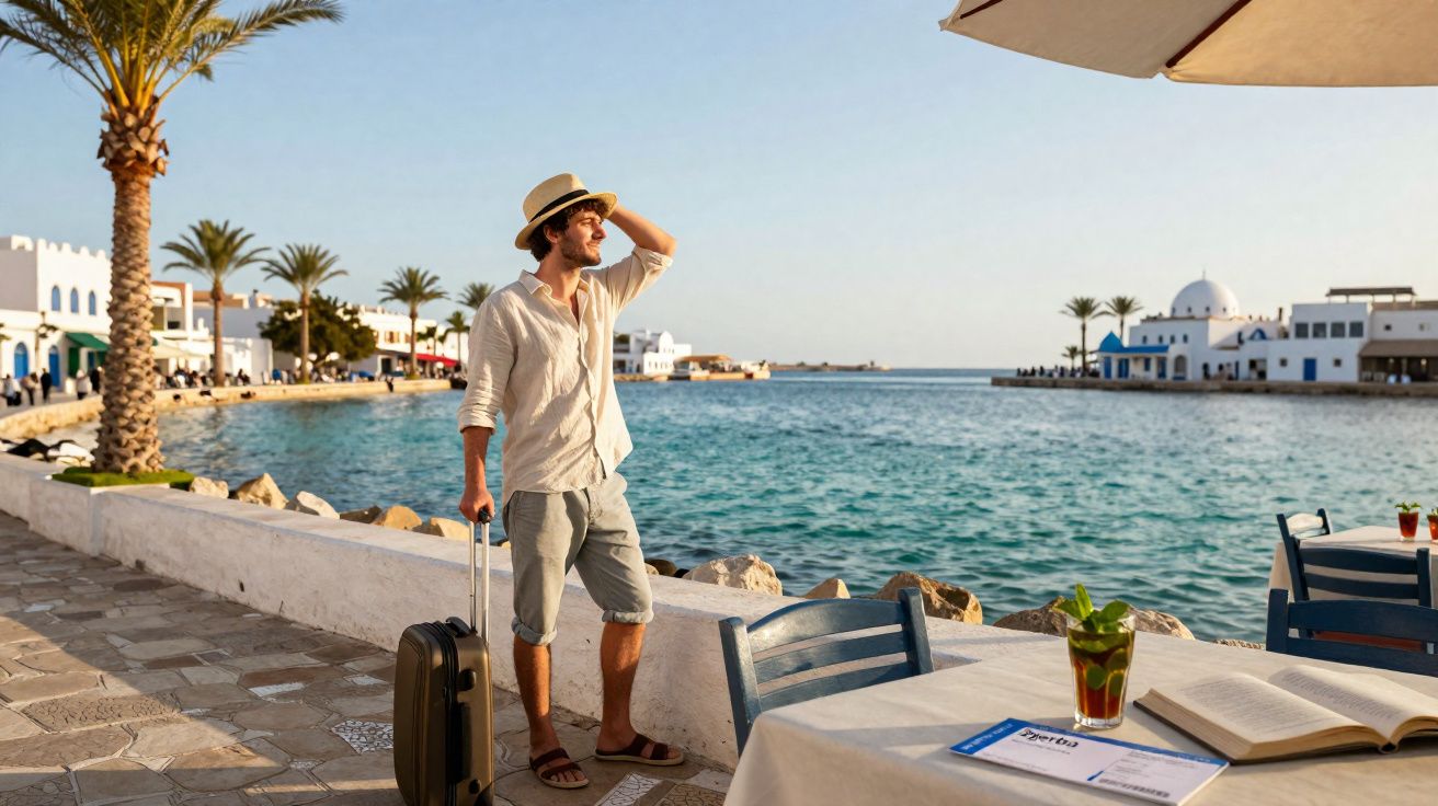 Homem com chapéu e mala observa o mar em calçadão com palmeiras e construções brancas ao pôr do sol.