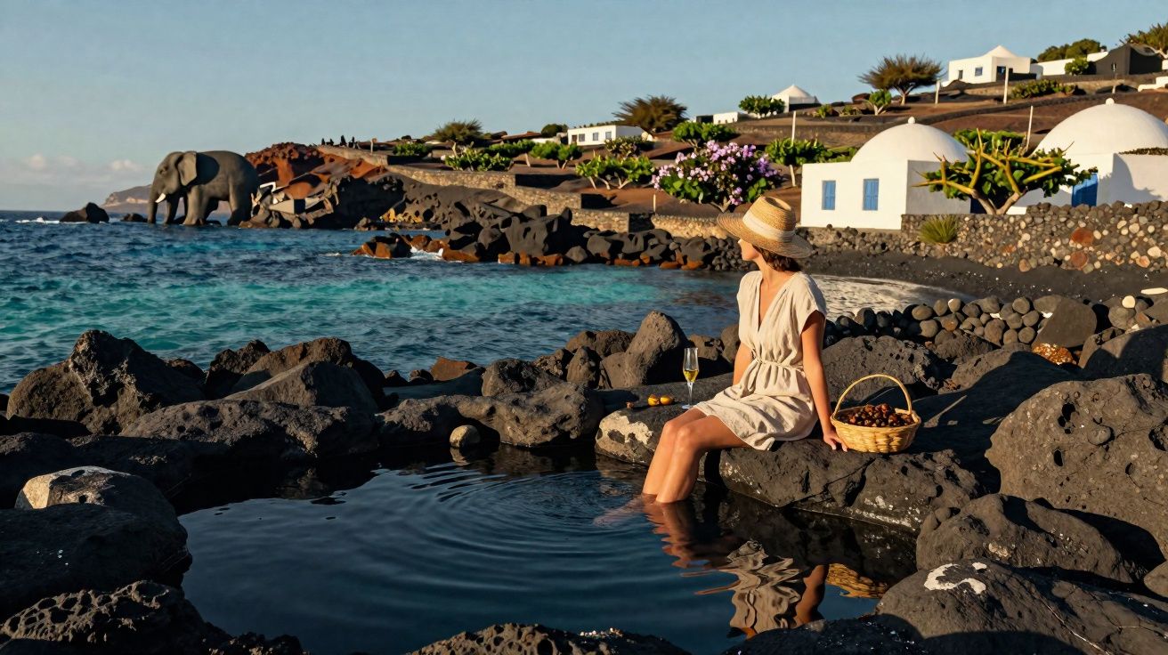 Mulher de vestido e chapéu sentada em rochas à beira do mar com cesto de frutas e casas brancas ao fundo.